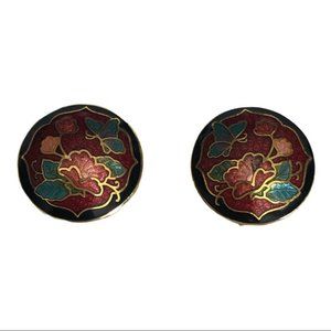 Vintage 80s Cloisonné floral design clip on earrings gold tone Mothers Day